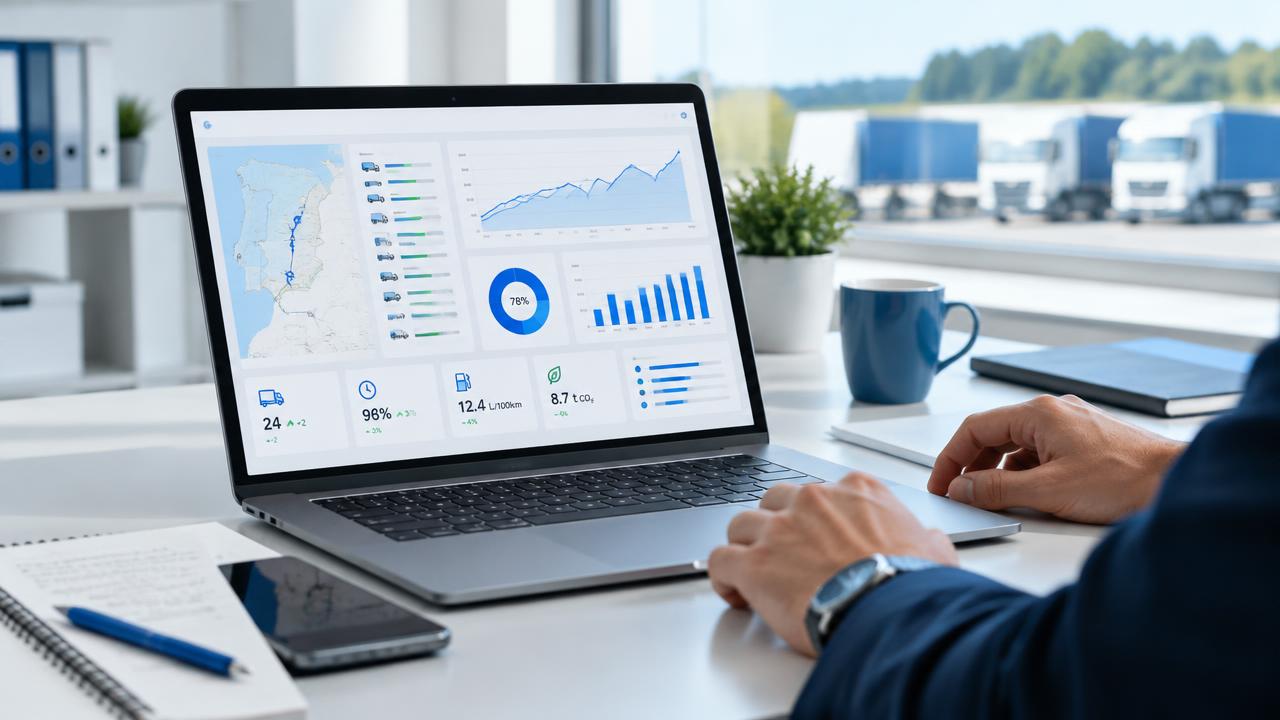 Painel de análise de dados de frota num computador portátil
